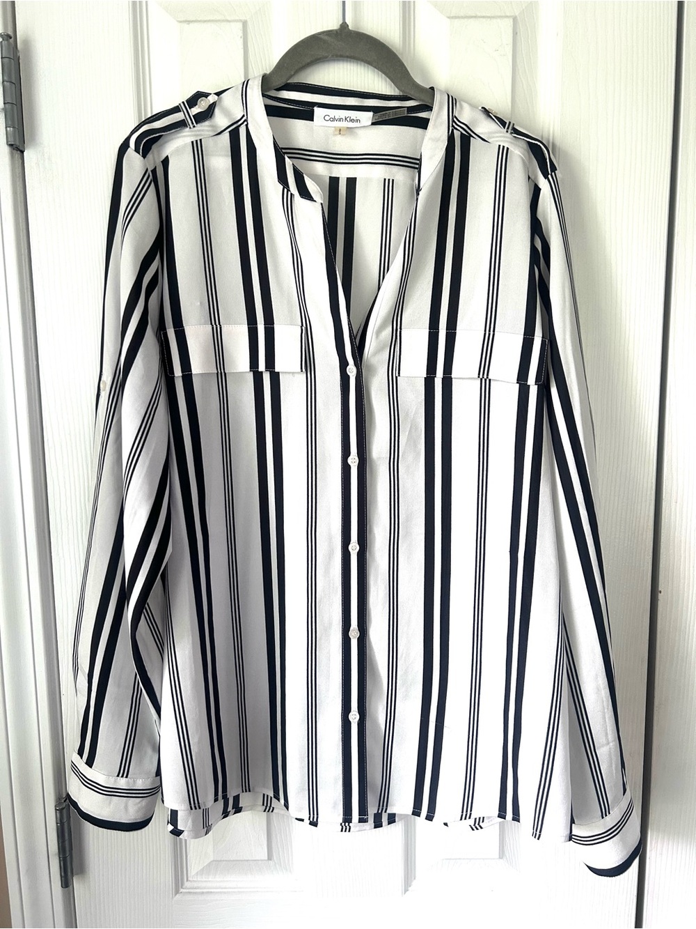 Calvin Klein Black White Striped Button Front Blouse Large